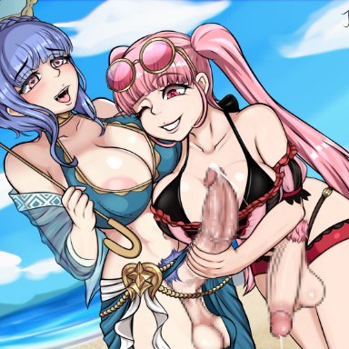 2futas, alternate costume, areolae, balls, bangs, beach, big balls, big breasts, big penis, bikini, blue bikini, blue hair, blue swimsuit, breasts, brown eyes