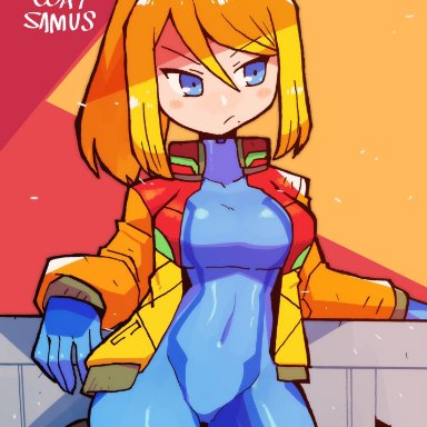 1girls, 2021, big breasts, blonde hair, blue eyes, bodysuit, coat, crap-man, cute, metroid, nintendo, samus aran, solo, solo female, thick thighs