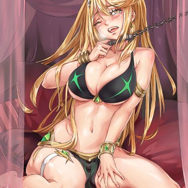 amber eyes, armlet, artist request, belly dancer, belly dancer outfit, blonde hair, blush, bracelet, chain leash, cleavage, crying, dancer, dancer outfit, hair ornament, huge breasts