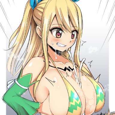 1boy, bangs, bikini, blonde hair, blue ribbon, blush, body markings, border, bouncing breasts, breast squeeze, breasts, breath, brown eyes, cleavage, commentary request