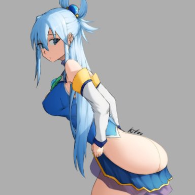 1girls, aqua (konosuba), aqua eyes, aqua hair, armwear, artist name, ass, ass focus, bangs, bare ass, bare shoulders, bent over, big ass, big breasts, breasts