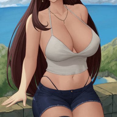 1girls, 2021, armpit crease, beidou (genshin impact), belly button, black panties, blue sky, breasts, brown hair, casual clothes, cleavage, detailed background, earrings, eyepatch, female