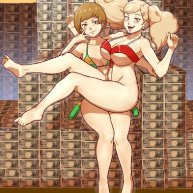 2girls, 91m10, ann takamaki, bikini, money, persona, persona 4, persona 5, satonaka chie, swimsuit, tagme, yuri