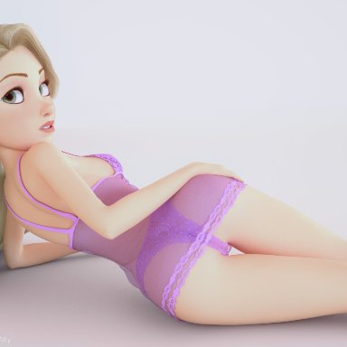 1girls, 3d, ass, back view, big eyes, blonde hair, disney, disney princess, female, female only, green eyes, lingerie, long hair, looking at viewer, looking back