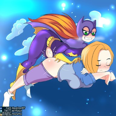 1futa, 1girls, ambiguous penetration, ass, barbara gordon, batgirl, big ass, blonde hair, blush, breasts, clenched teeth, clothed, clothing, dc, dc comics