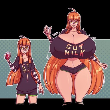 1girls, aged up, before and after, bottle, breast expansion, breasts, breasts bigger than head, cleavage, color, drink, female, glasses, got milk, growth, huge breasts