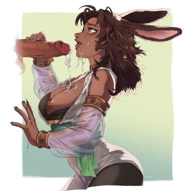 1boy, after fellatio, animal ears, bramblefix, breasts, brown eyes, brown hair, choker, cum, cum on body, dark skin, detached sleeves, facial, female, final fantasy