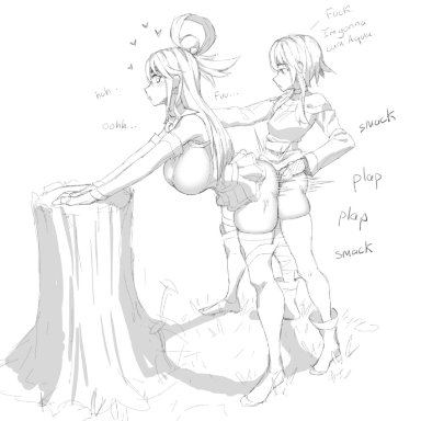 1futa, 1girls, ambiguous penetration, ambiguous species, aqua (konosuba), bent over, big breasts, bottomless, breasts, bubble, bubble butt, clothed, clothing, female, futa on female