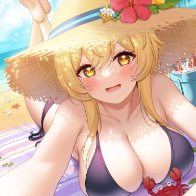 1girls, barefoot, beach, big breasts, bikini, black bikini, blonde hair, blush, breasts, busty, cleavage, crab, drink, feet, feet up