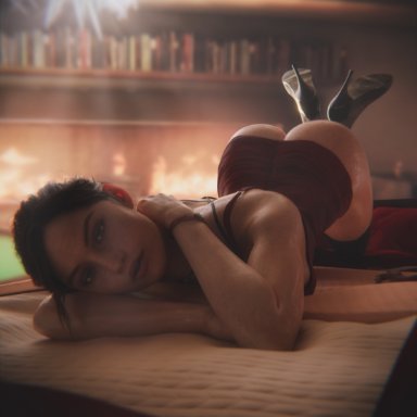 ass in air, ass up, blender, bottomless, brown hair, brunette, ceeeeekc, claire redfield, dress, fit, fit female, fully dressed, looking at viewer, lying, no panties