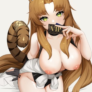 animal ears, animal tail, areolae, arknights, bare shoulders, big breasts, breasts, brown hair, condom, condom wrapper, ett, female, female only, green eyes, long hair