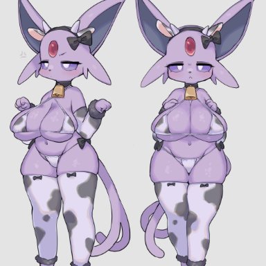 anthro, belly, big breasts, bow, breedable, chubby, chubby female, cow ears, cow print, cowbell, cute, esokir, espeon, female only, fox