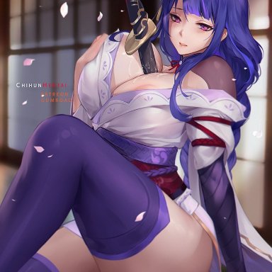 areola slip, areolae, baal (genshin impact), bangs, bare shoulders, between breasts, braid, braided ponytail, breast hold, breasts, chihunhentai, cleavage, detached collar, female, genshin impact