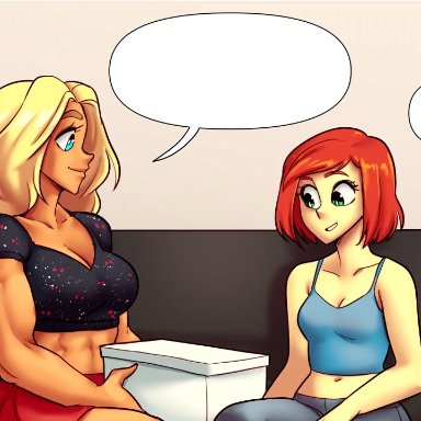 2girls, animated, beverly (nortuet), big breasts, blonde hair, blue eyes, breasts, cleavage, comic, comic dub, couple, english text, female focus, female only, funny