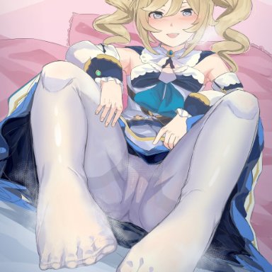 absurdres, armpits, barbara (genshin impact), barefoot, blonde hair, blue eyes, blush, breath, callu jy, cameltoe, detached sleeves, feet, female, fingernails, foot focus