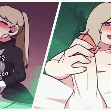 1futa, 1girls, 2d, 2koma, ada (brocksnfumiko), animated, areolae, balls, big penis, blonde hair, breasts, brocksnfumiko, clothed, clothing, dialogue