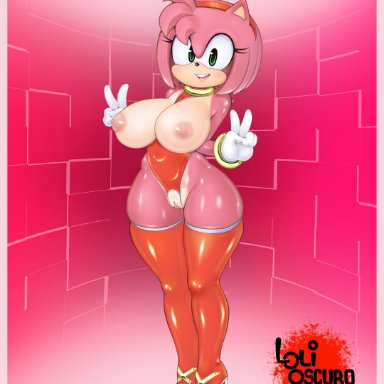 1girls, amy rose, animal ears, anthro, areolae, big breasts, black nose, boots, breasts, breasts out, crotchless, double v, eulipotyphlan, exposed breasts, eyelashes