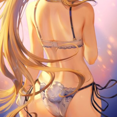 artoria pendragon, artoria pendragon (lancer), artoria pendragon (swimsuit ruler), bare back, blonde hair, bra, bubble ass, bubble butt, bunny tail, collar, cuffs, curvy, dat ass, facing away, fate/grand order