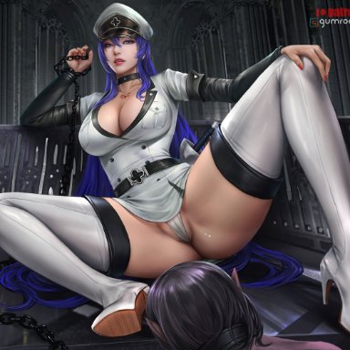 1boy, akame ga kill!, bangs, black hair, blue eyes, bondage, bondage, booth, bound, breasts, cleavage, esdeath, female, femdom, hat