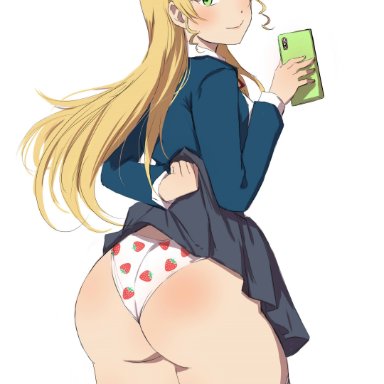 1girl, ass, big ass, big butt, blazer, blonde hair, blue blazer, blush, bottom heavy, box wonderland, fat ass, female, green eyes, grey skirt, heanna sumire