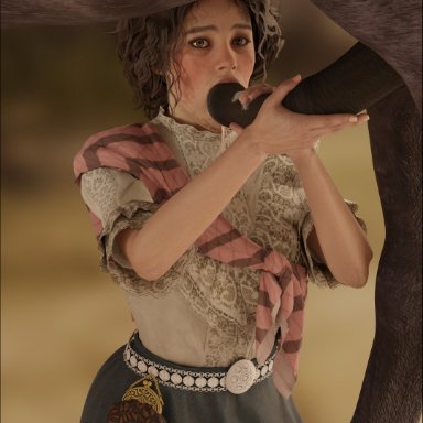 brown hair, cum, cum drip, cum in mouth, emberstock, fellatio, green eyes, harriet davenport, horse, large penis, on knees, red dead online, red dead redemption (series), red dead redemption 2, zoophilia