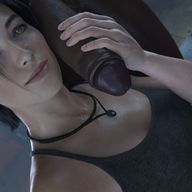 3d, big penis, black penis, cfnm, dark-skinned male, female, holding penis, lara croft, light-skinned female, looking at viewer, precum, precum drip, sfm, smile, smiling at viewer