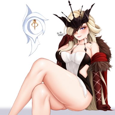 1girls, 82jhin, ass, big breasts, blue eyes, butt, dress, female, female only, genshin impact, gloves, large breasts, long gloves, long hair, one eye covered