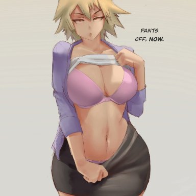 1girls, big breasts, blonde hair, breasts, eye contact, female, grey background, large breasts, looking at viewer, mature female, milf, mitsuki bakugou, my hero academia, paranoiddroid, short hair