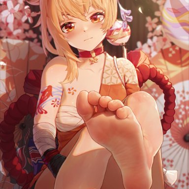 blonde hair, edit, feet, female, female only, foot fetish, foot focus, footwear, genshin impact, ice (dzs1392584271), japanese clothes, looking away, red eyes, soles, tattoos