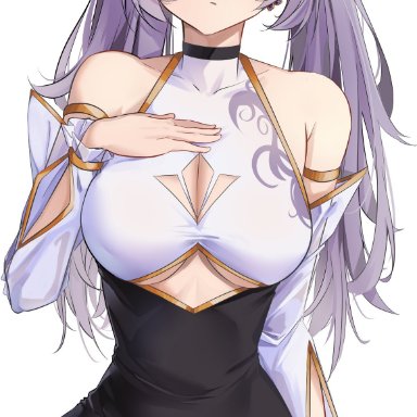 alternative costume, bare shoulders, breasts, casual, cleavage, cleavage cutout, clothing cutout, double bun, earrings, female, female, flower, genshin impact, hair bun, hair cones