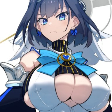 big breasts, blue eyes, boob window, curvy, dark hair, earrings, hair ornament, hololive, hololive english, huge breasts, looking at viewer, looking down at viewer, midriff, nipple bulge, nuezou