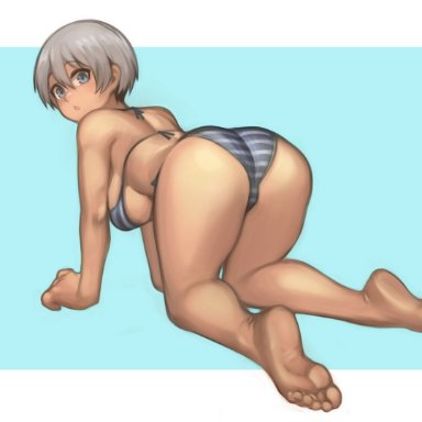 1girls, all fours, ass, big ass, big boobs, big breasts, big butt, bikini, blue eyes, female, female only, grey hair, lentiyay, light blush, looking at viewer