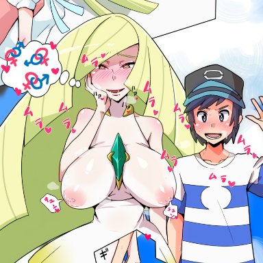 1boy, 2girls, age difference, aged up, big breasts, blonde hair, blush, breasts, dettonnn, elio (pokemon), erection under clothes, female, hand holding, hat, heart-shaped pupils