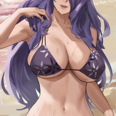 1girls, alternate costume, armpits, bare arms, bare shoulders, bikini, breasts, camilla (fire emblem), cleavage, collarbone, cowboy shot, day, female, fire emblem, fire emblem fates