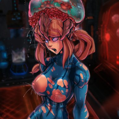 abs, bad end, big breasts, bodysuit, brain drain, commission, creature, defeated, defeated heroine, dripping, drool, drooling, edit, exposed breasts, exposed nipples