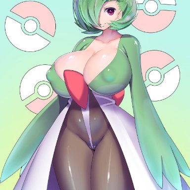 1girls, anthro, breasts, cleavage, curvaceous, curvy, curvy figure, female, female only, gardevoir, green hair, hair over one eye, hi res, humanized, large breasts