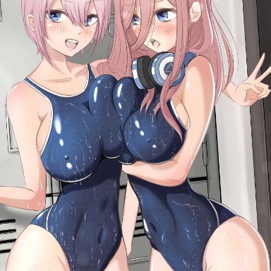 2girls, alternate hair color, arm under breasts, asymmetrical docking, bare arms, bare legs, bare shoulders, blue eyes, blush, breast to breast, breasts, busty, clothed, clothed female, clothing