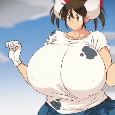 1girls, animated, animated, big breasts, breast expansion, breasts, character request, cow girl, cow horns, cow print, expansion, female, female only, hataraki ari, huge breasts