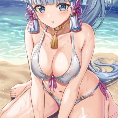 1girls, ayaka (genshin impact), beach, bikini, blue eyes, blush, breasts, cleavage, female, female only, genshin impact, medium breasts, ponnyu12, princess, wet