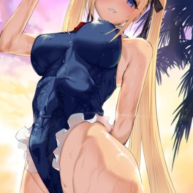 azur lane, bare arms, bare shoulders, black ribbon, blonde hair, blue eyes, blue leotard, bottle, breasts, casual one-piece swimsuit, cowboy shot, dead or alive, female, frilled leotard, frills