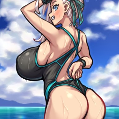 1girls, absurdres, ass, coffeelove68, fate/grand order, fate (series), female, female only, highres, huge ass, huge breasts, looking at viewer, looking back, miyamoto musashi (fate), miyamoto musashi (swimsuit berserker)