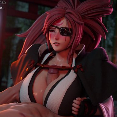 1boy, 1girls, 3d, animated, baiken, big breasts, blender, bouquetman, breasts, cottontailva, erection, female, guilty gear, large breasts, male