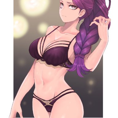 1girls, bare midriff, bare shoulders, bare thighs, bra, braid, braided ponytail, cleavage, collarbone, fire emblem, fire emblem: three houses, frown, large breasts, long hair, nintendo