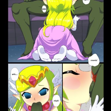 blonde hair, blush, chromodomo, clothed female nude male, comic, deepthroat, fellatio, ganondorf, kneeling, nintendo, pointy ears, princess zelda, questionable consent, text, the legend of zelda