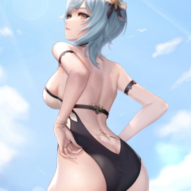 1girls, ass, back, beach, blue hair, breasts, eula (genshin impact), female, female only, genshin impact, hi res, kie (wylee2212), looking at viewer, short hair, sideboob