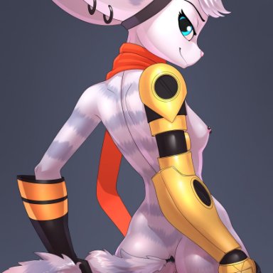 ratchet and clank, sony, chrysalisdraws, rivet (ratchet and clank), 1girls, anthro, anus, breasts, buttplug, buttplug tail, ear piercing, ear ring, female, piercing, lombax