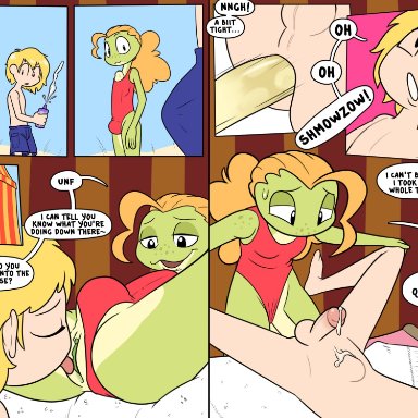 1boy, 1futa, adventure time, anal, anthro, areolae, balls, big penis, blonde hair, breasts, clothed, clothing, collage, comic, crossover