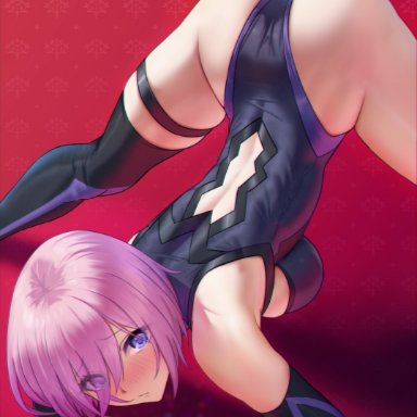 artist request, blush, elbow gloves, fate/grand order, fate (series), gloves, hair over one eye, jack-o pose, jackochallenge, looking at viewer, mash kyrielight, pink hair, purple eyes, red background, short hair