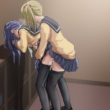 1futa, 1girls, bangs, blonde hair, blue skirt, brown footwear, classroom, clothed, clothing, cum, cum on body, doggy style, duo, female, from behind