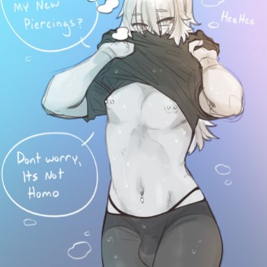 1boy, bulge, bulge through clothing, covering face, femboy, gay denial, girly, joey (krekk0v), long hair, male, male only, nipple piercing, nipples, piercing, ponytail